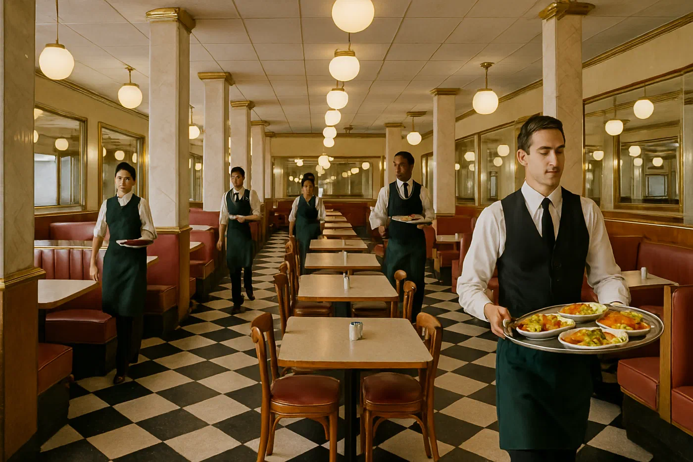 A synthetic image of a retro diner on a street corner: checkered floors, marble columns, waiters in matching uniforms carrying silver trays, large mirrors along the walls. The colors are flat and the food is indistinct.