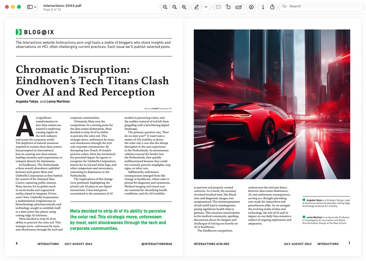 Pages 6–7 of the fictional July–August 2043 issue of Interactions. The left page is a Blog@IX article titled “Chromatic Disruption: Eindhoven’s Tech Titans Clash Over AI and Red Perception” by Arganka Yahya and Lenny Martinez, set in three columns with a green pull quote: “Meta decided to strip AI of its ability to perceive the color red.” The right page is a generated image of a red sports car speeding down a wet street between glass towers, with red light streaking past.